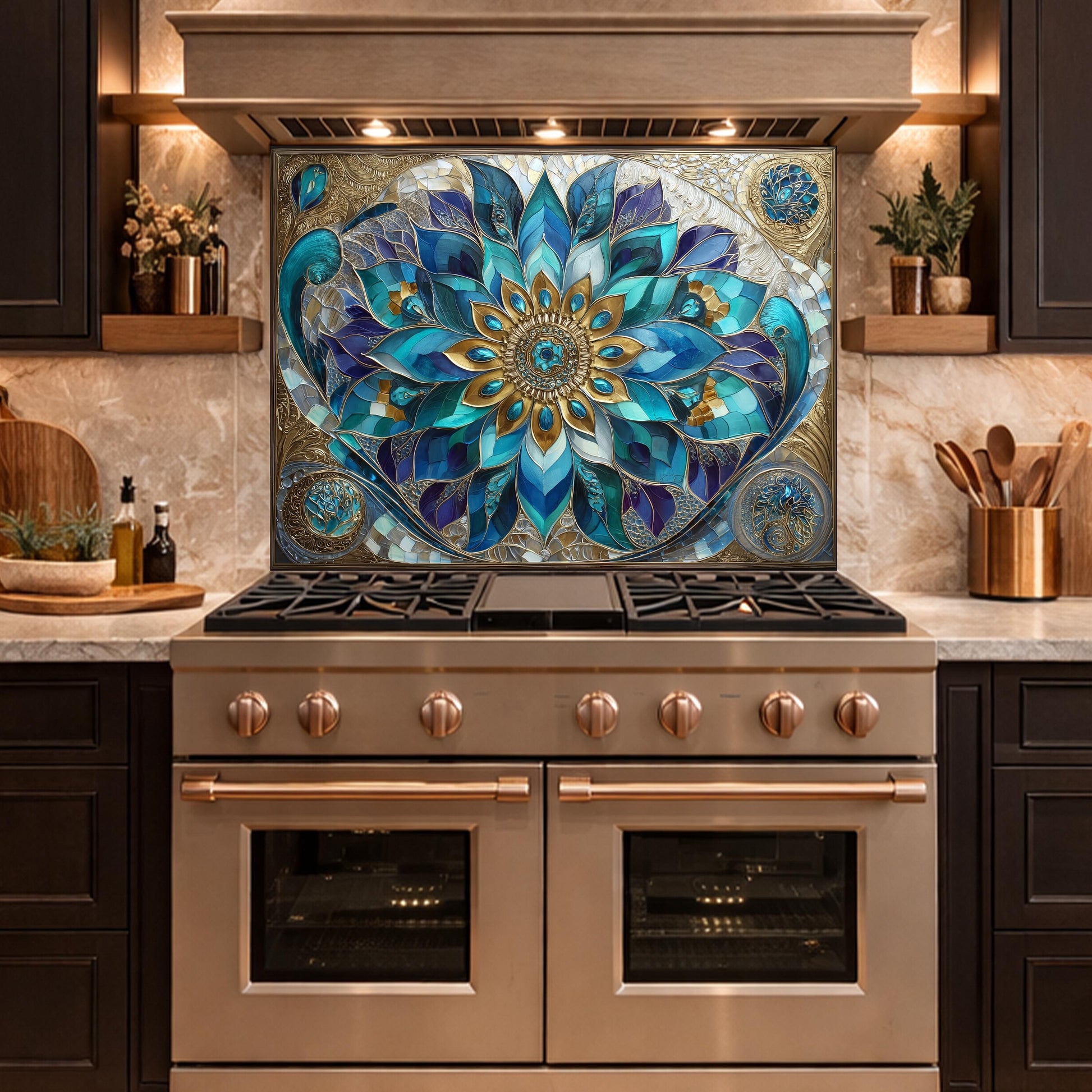 Blue Mandala Tempered Glass Kitchen Backsplash Panel – Teal Gold Floral Art