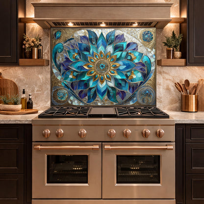 Blue Mandala Tempered Glass Kitchen Backsplash Panel – Teal Gold Floral Art