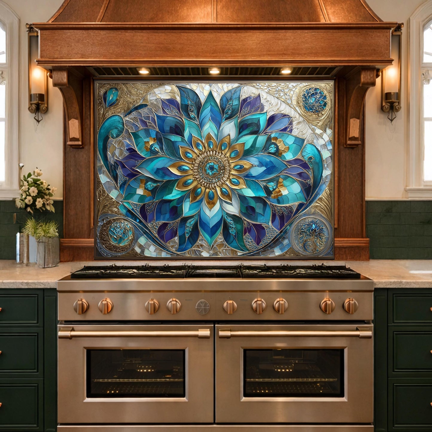 Blue Mandala Tempered Glass Kitchen Backsplash Panel – Teal Gold Floral Art