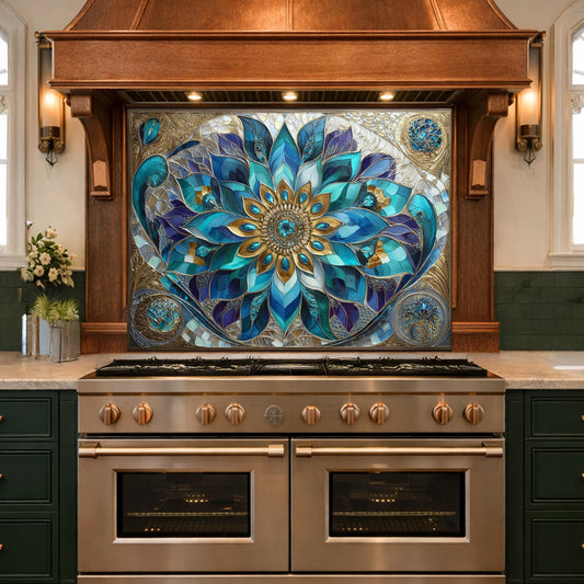 Blue Mandala Tempered Glass Kitchen Backsplash Panel – Teal Gold Floral Art