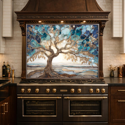 Tempered Glass Tree of Life Kitchen Backsplash Panel – Blue Marble Stove Art