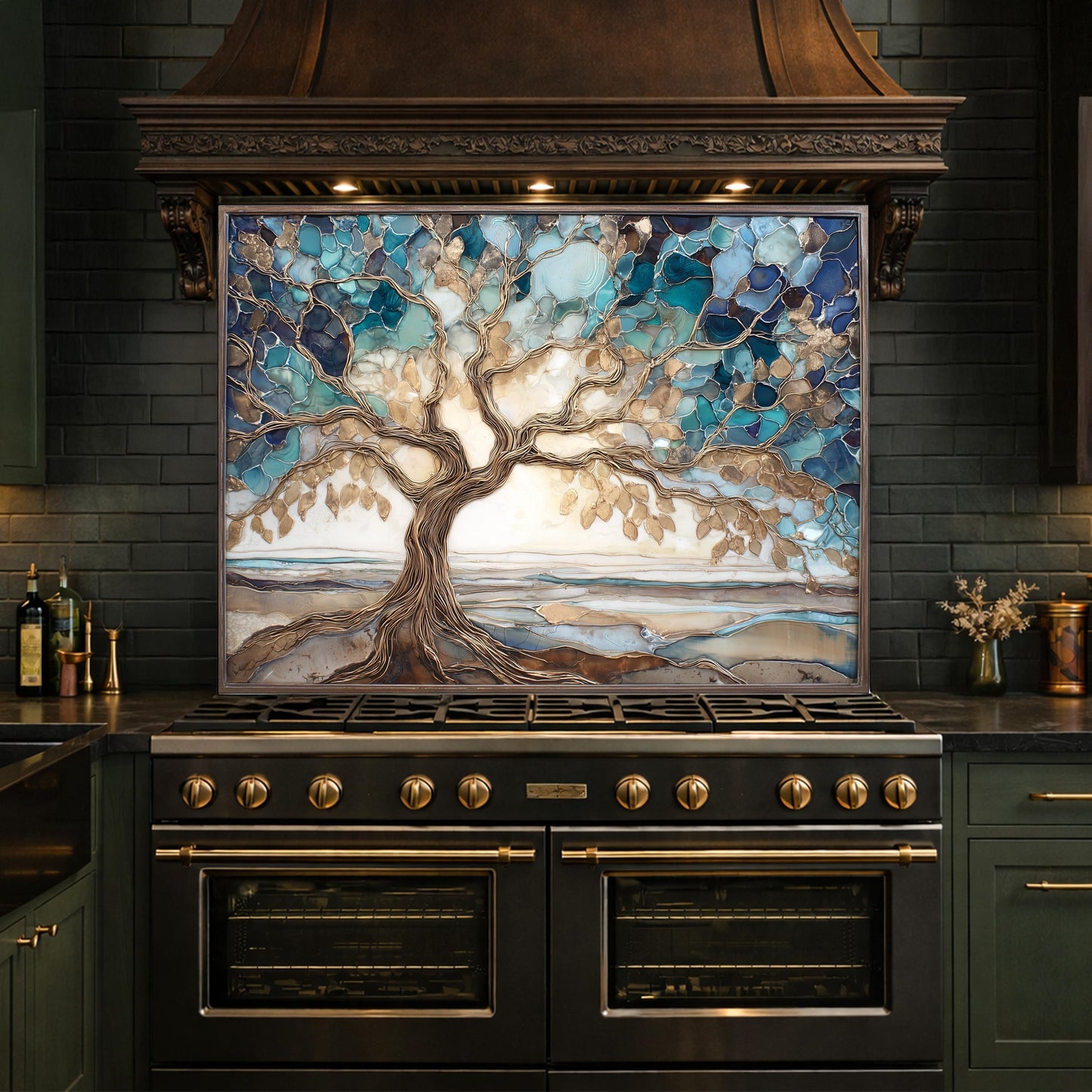 Tempered Glass Tree of Life Kitchen Backsplash Panel – Blue Marble Stove Art