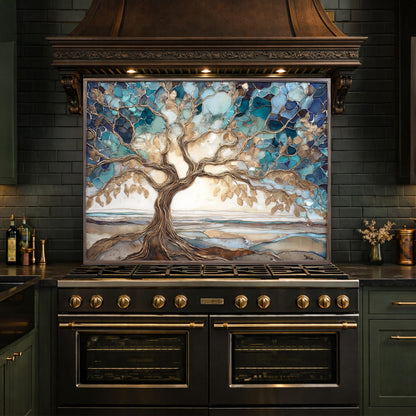 Tempered Glass Tree of Life Kitchen Backsplash Panel – Blue Marble Stove Art