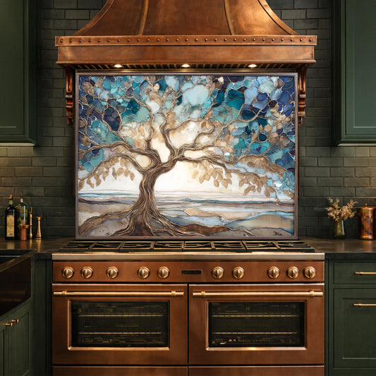 Tempered Glass Tree of Life Kitchen Backsplash Panel – Blue Marble Stove Art