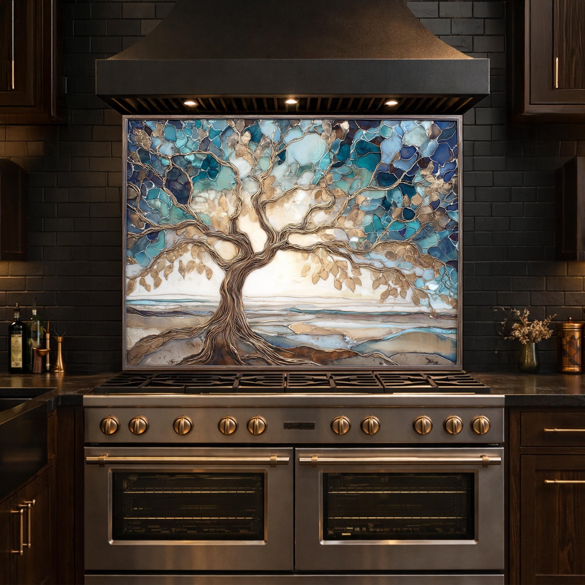Tempered Glass Tree of Life Kitchen Backsplash Panel – Blue Marble Stove Art