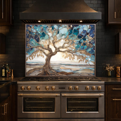 Tempered Glass Tree of Life Kitchen Backsplash Panel – Blue Marble Stove Art