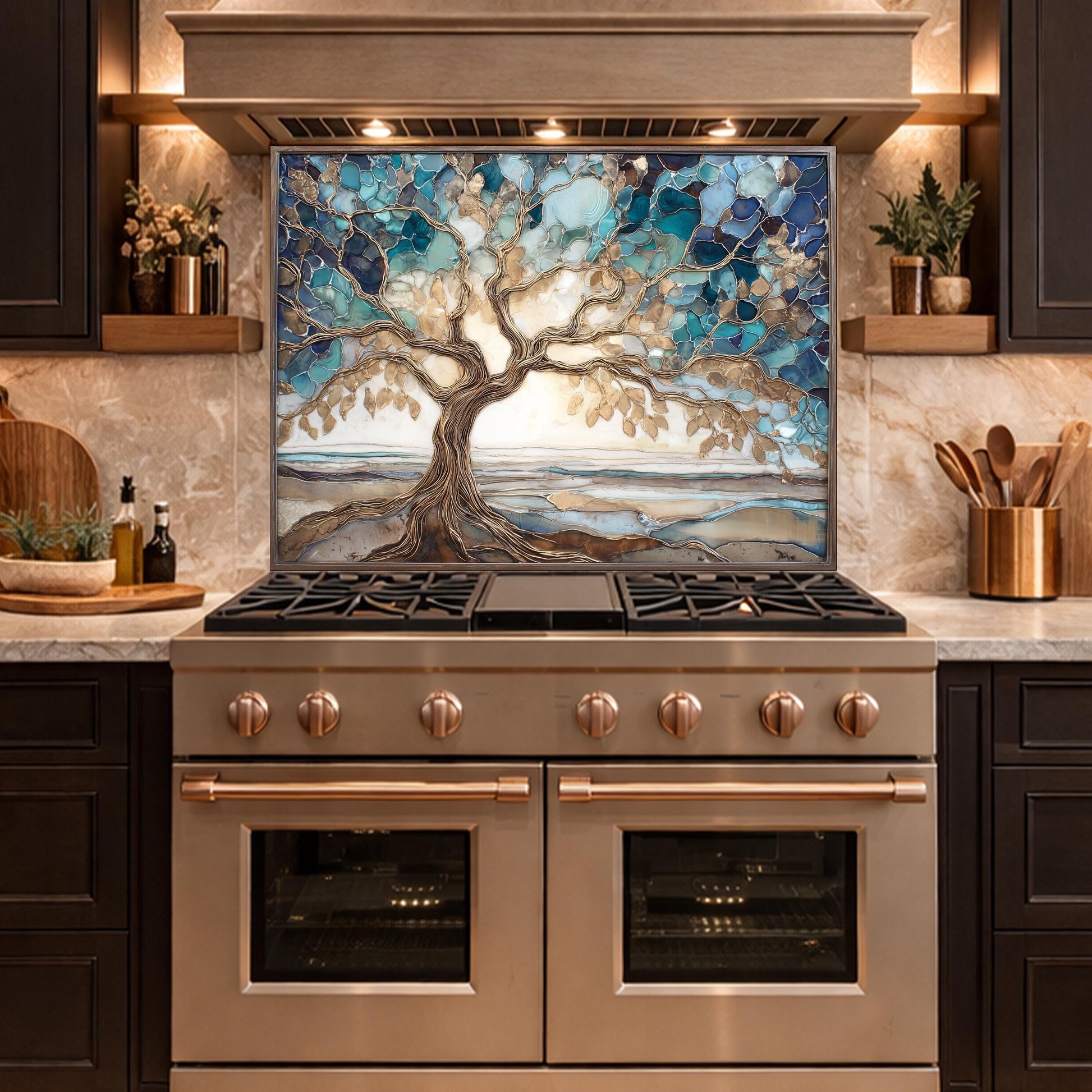 Tempered Glass Tree of Life Kitchen Backsplash Panel – Blue Marble Stove Art
