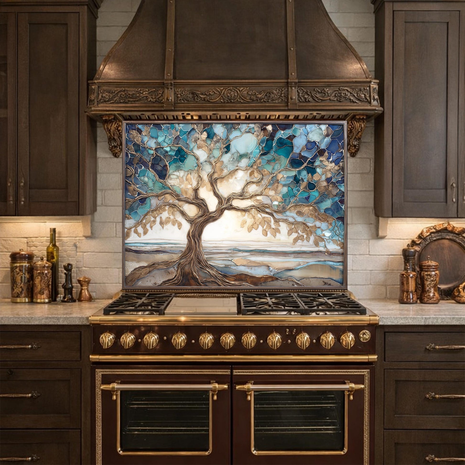 Tempered Glass Tree of Life Kitchen Backsplash Panel – Blue Marble Stove Art
