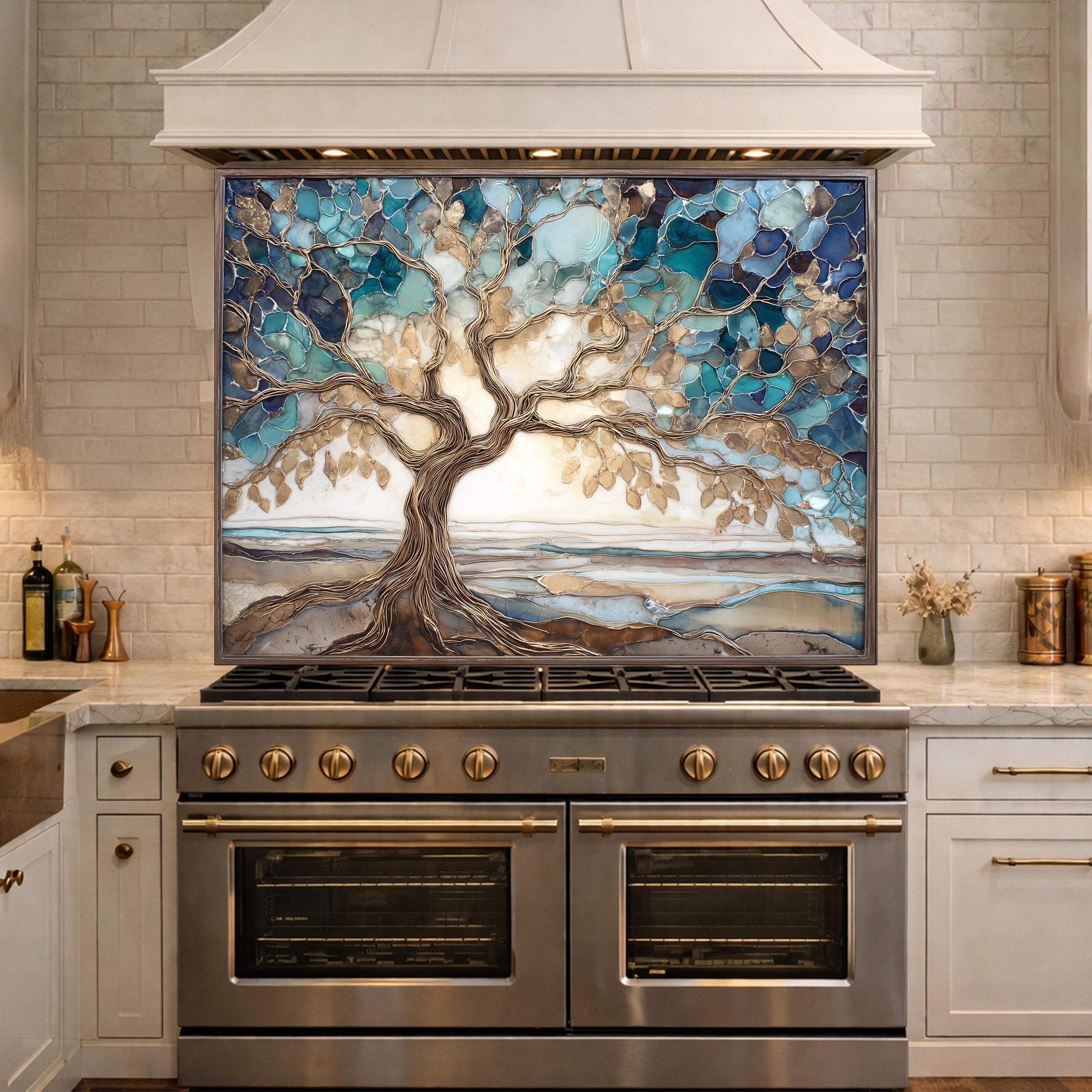Tempered Glass Tree of Life Kitchen Backsplash Panel – Blue Marble Stove Art