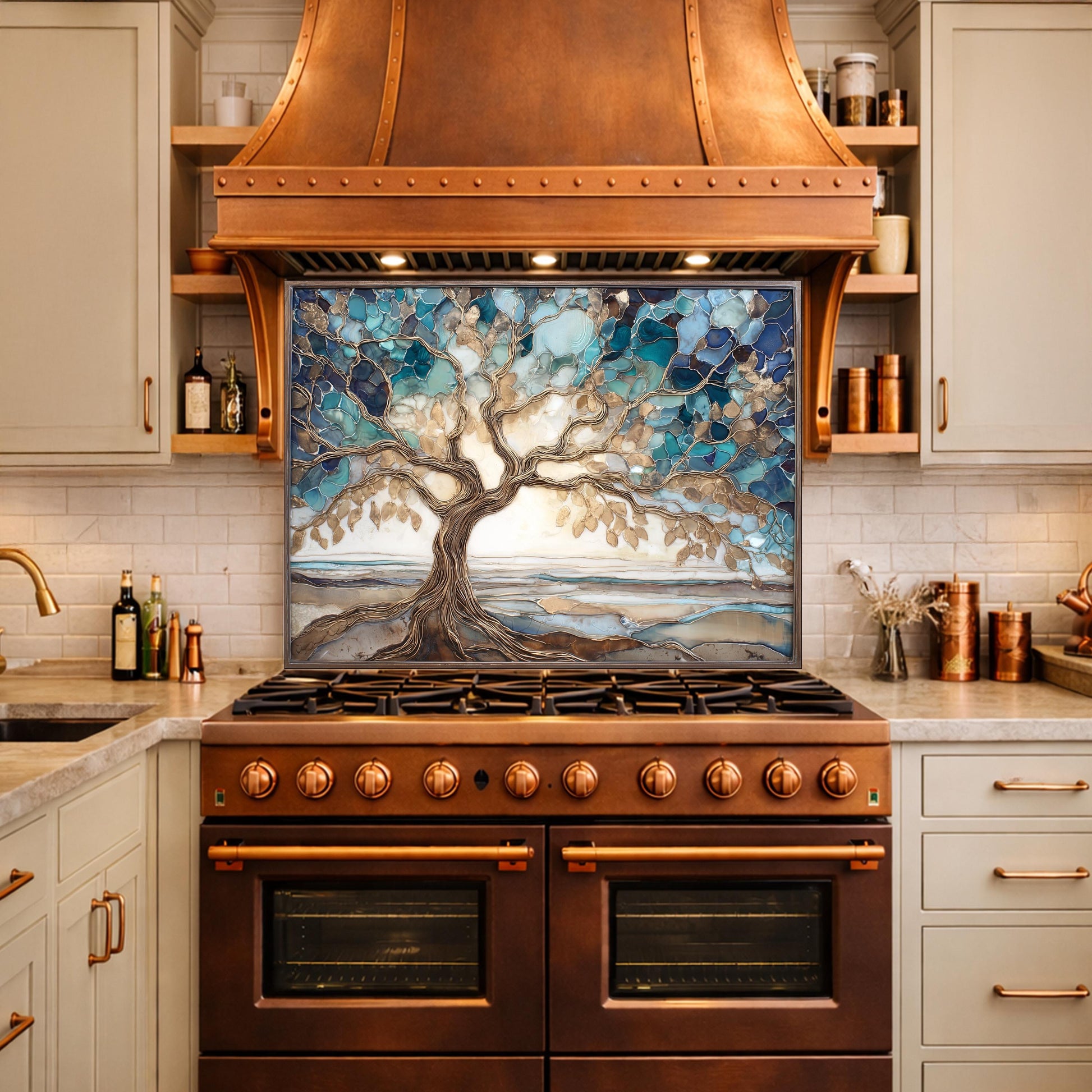 Tempered Glass Tree of Life Kitchen Backsplash Panel – Blue Marble Stove Art