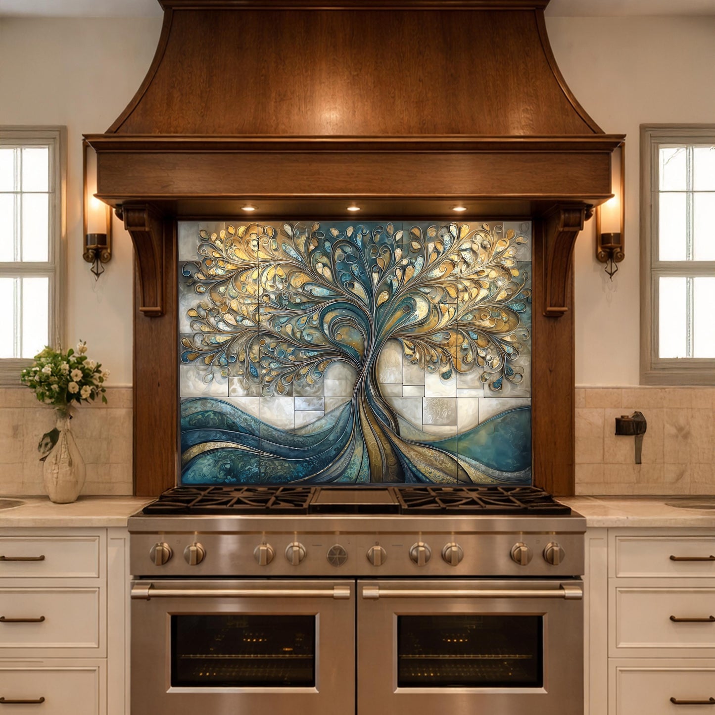 Tempered Glass Tree of Life Kitchen Backsplash Panel – Teal Gold Abstract Stove Splashback