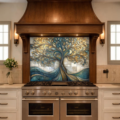 Tempered Glass Tree of Life Kitchen Backsplash Panel – Teal Gold Abstract Stove Splashback
