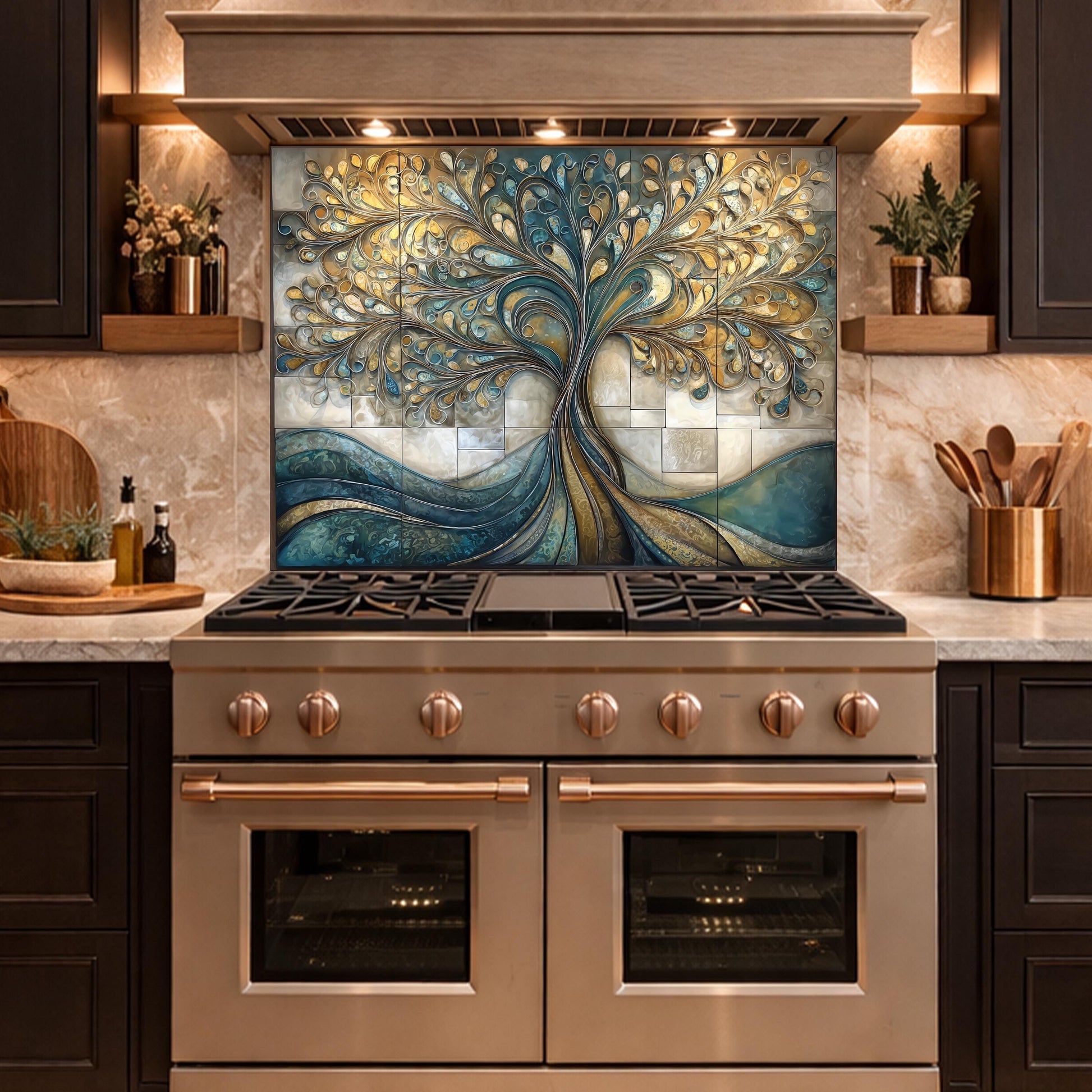 Tempered Glass Tree of Life Kitchen Backsplash Panel – Teal Gold Abstract Stove Splashback