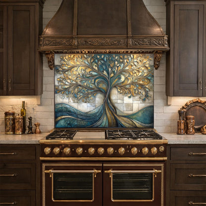 Tempered Glass Tree of Life Kitchen Backsplash Panel – Teal Gold Abstract Stove Splashback