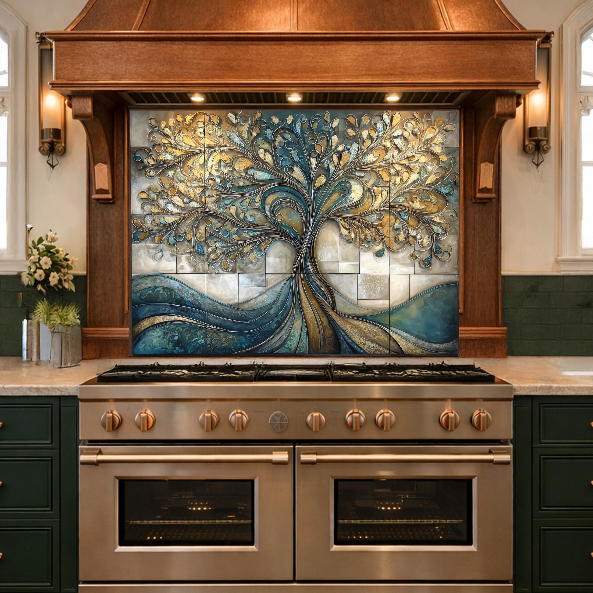 Tempered Glass Tree of Life Kitchen Backsplash Panel – Teal Gold Abstract Stove Splashback