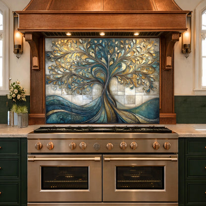 Tempered Glass Tree of Life Kitchen Backsplash Panel – Teal Gold Abstract Stove Splashback