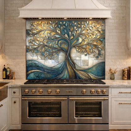 Tempered Glass Tree of Life Kitchen Backsplash Panel – Teal Gold Abstract Stove Splashback