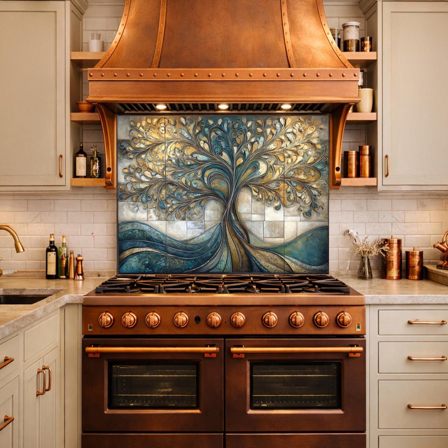 Tempered Glass Tree of Life Kitchen Backsplash Panel – Teal Gold Abstract Stove Splashback