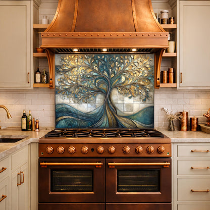 Tempered Glass Tree of Life Kitchen Backsplash Panel – Teal Gold Abstract Stove Splashback