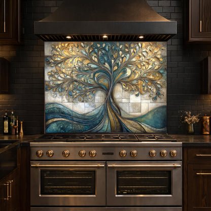 Tempered Glass Tree of Life Kitchen Backsplash Panel – Teal Gold Abstract Stove Splashback