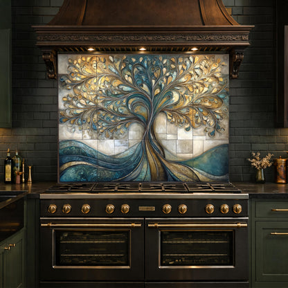 Tempered Glass Tree of Life Kitchen Backsplash Panel – Teal Gold Abstract Stove Splashback