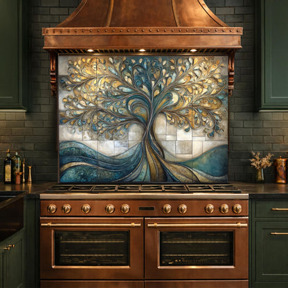 Tempered Glass Tree of Life Kitchen Backsplash Panel – Teal Gold Abstract Stove Splashback