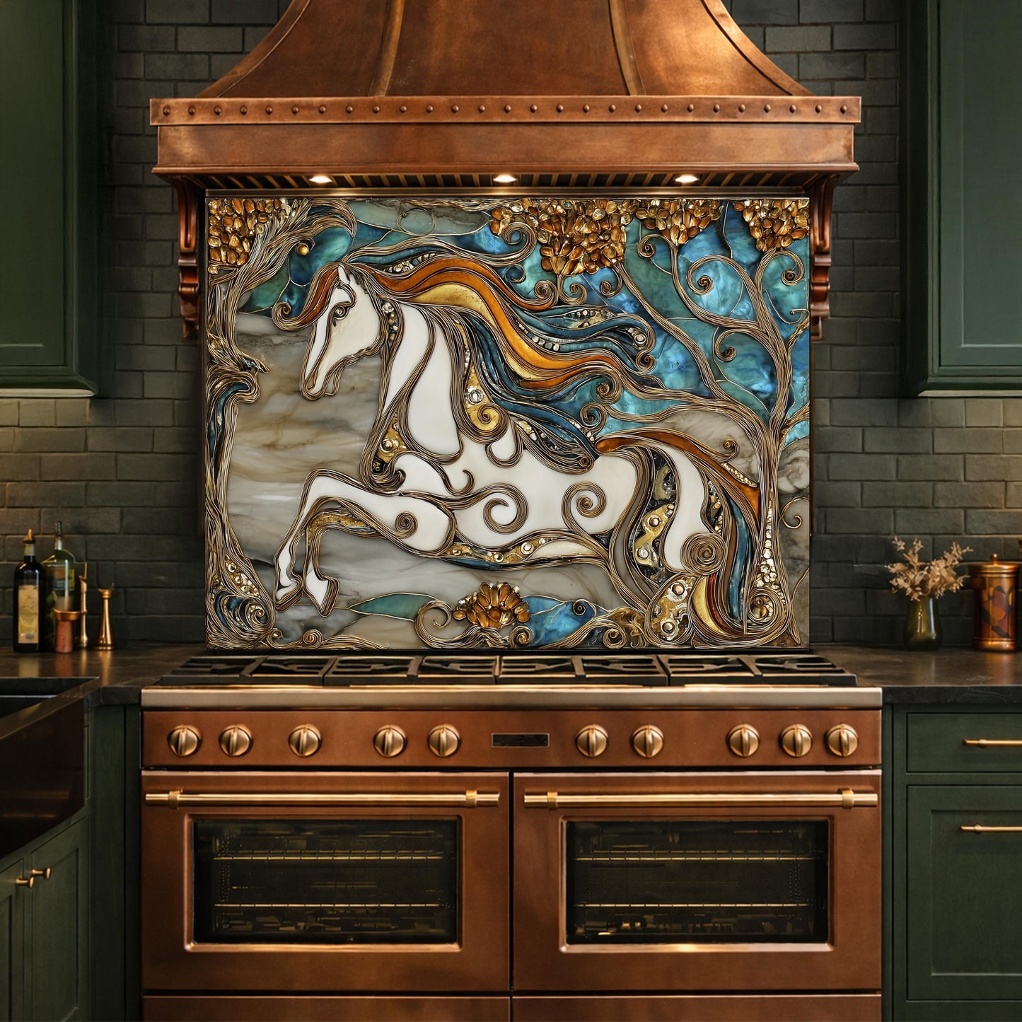 Abstract Horse Tempered Glass Kitchen Backsplash Panel – Gold Blue Marble Stove Wall Art