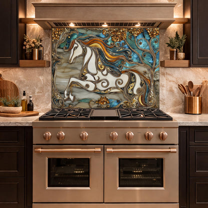 Abstract Horse Tempered Glass Kitchen Backsplash Panel – Gold Blue Marble Stove Wall Art
