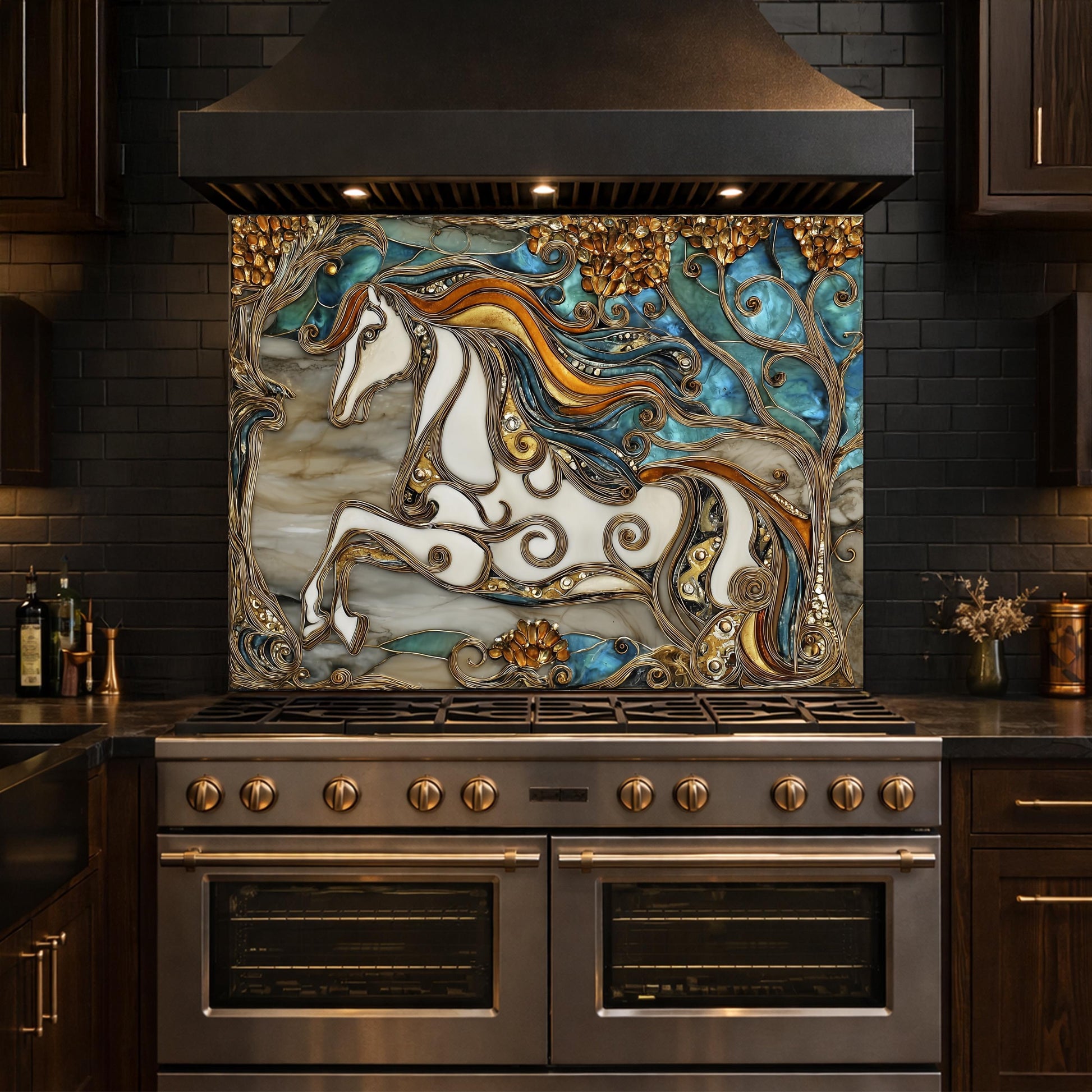 Abstract Horse Tempered Glass Kitchen Backsplash Panel – Gold Blue Marble Stove Wall Art