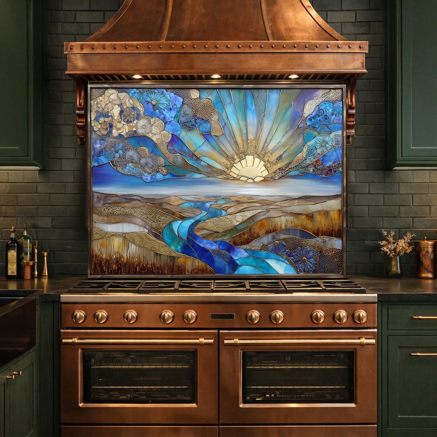 Abstract Sunrise Landscape Tempered Glass Kitchen Backsplash Panel – Blue Gold Scenic Wall Art Decor