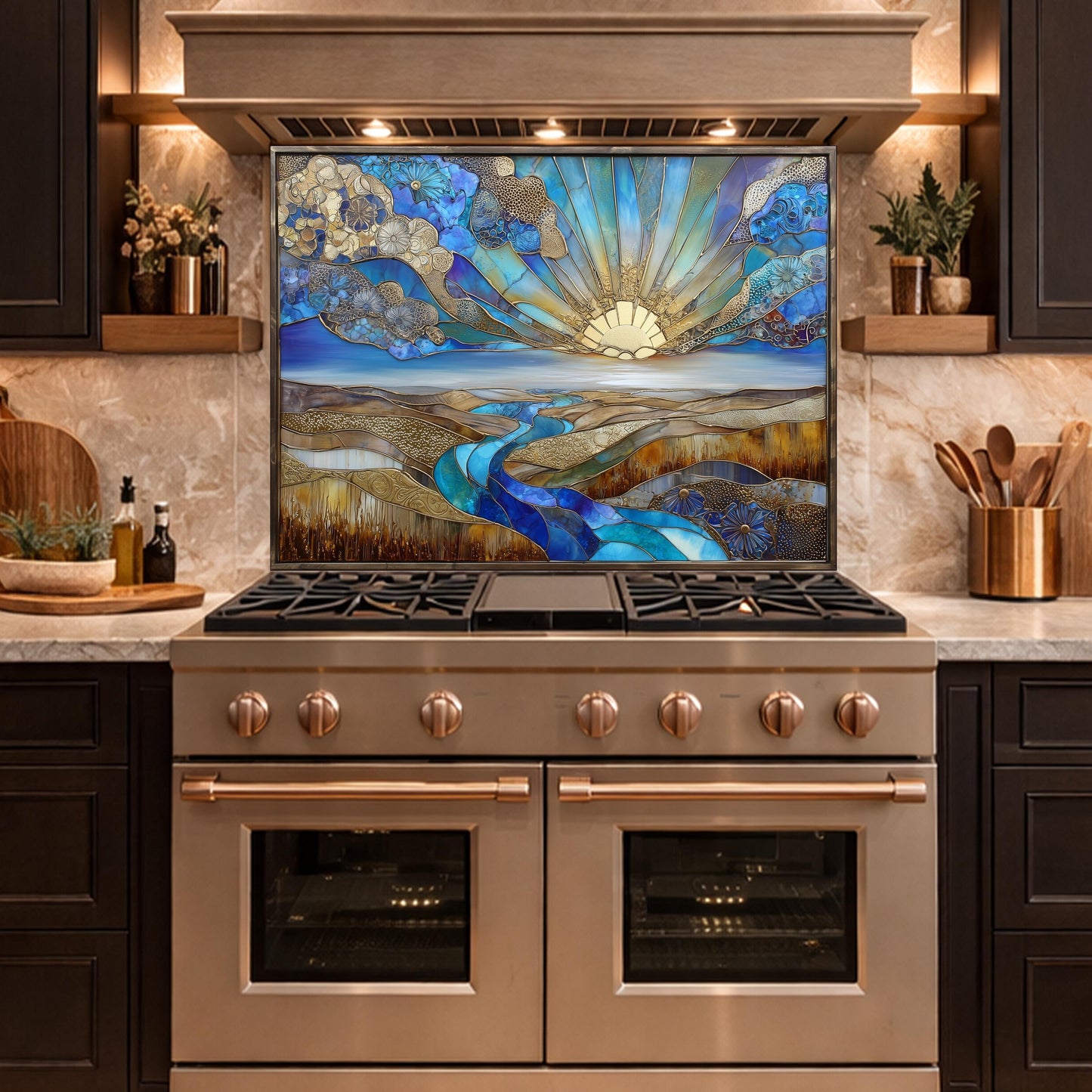 Abstract Sunrise Landscape Tempered Glass Kitchen Backsplash Panel – Blue Gold Scenic Wall Art Decor