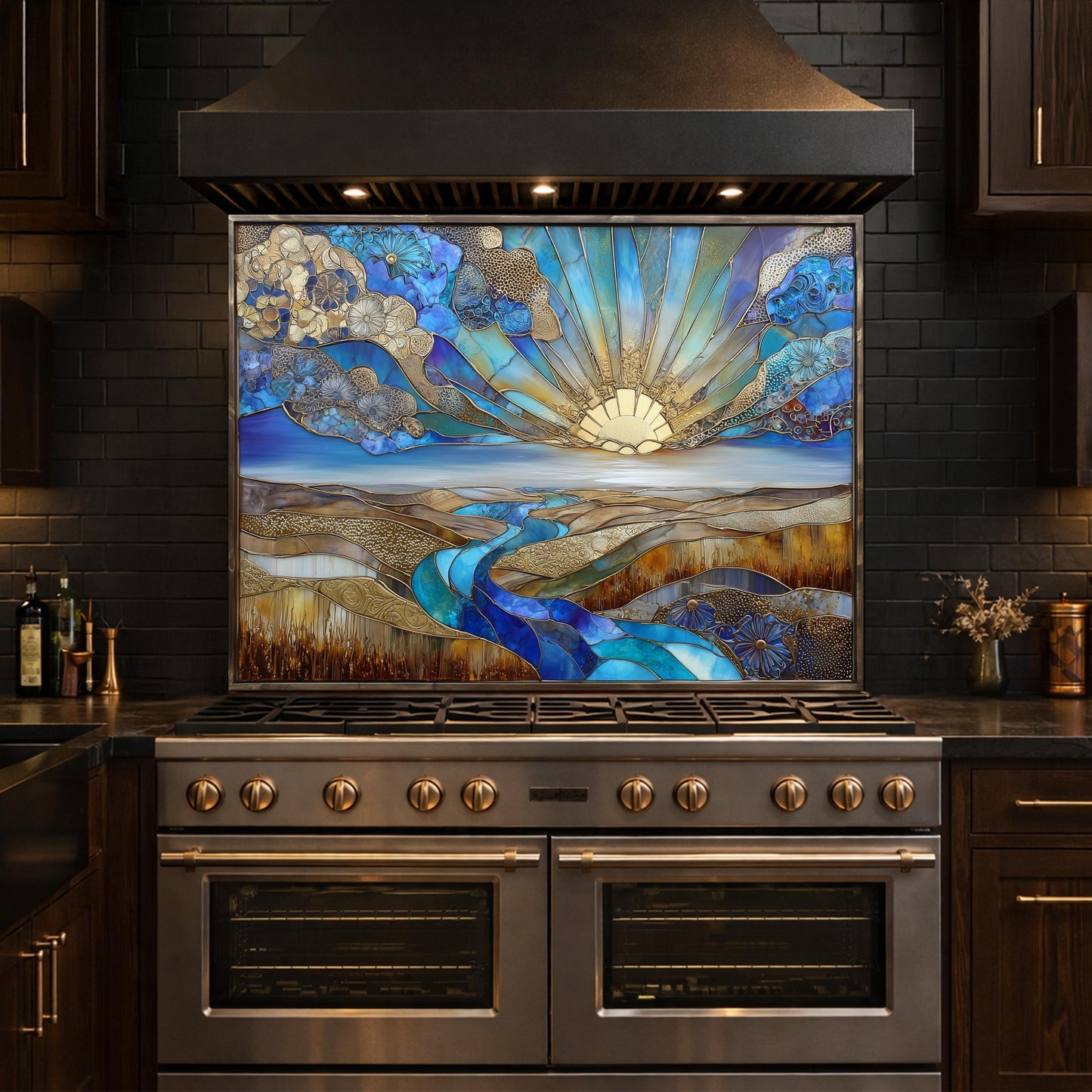 Abstract Sunrise Landscape Tempered Glass Kitchen Backsplash Panel – Blue Gold Scenic Wall Art Decor