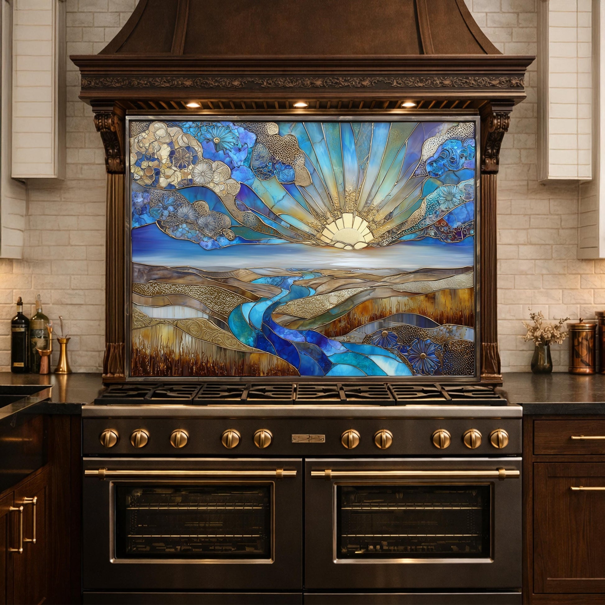 Abstract Sunrise Landscape Tempered Glass Kitchen Backsplash Panel – Blue Gold Scenic Wall Art Decor