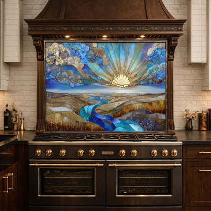 Abstract Sunrise Landscape Tempered Glass Kitchen Backsplash Panel – Blue Gold Scenic Wall Art Decor
