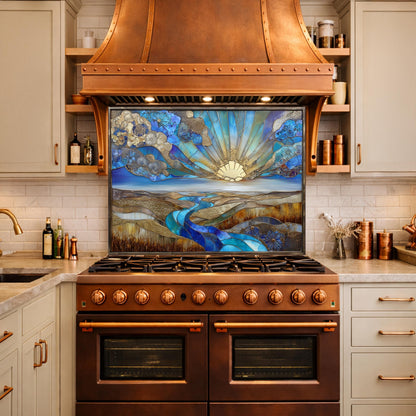 Abstract Sunrise Landscape Tempered Glass Kitchen Backsplash Panel – Blue Gold Scenic Wall Art Decor