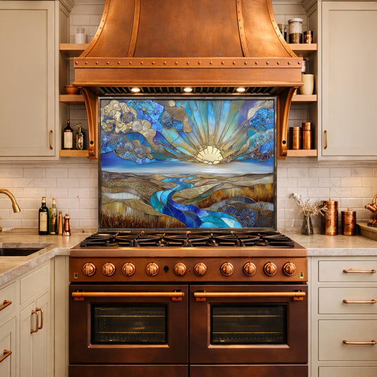 Abstract Sunrise Landscape Tempered Glass Kitchen Backsplash Panel – Blue Gold Scenic Wall Art Decor