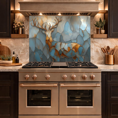 Abstract Deer Tempered Glass Kitchen Backsplash Panel – Gold Blue Marble Animal Art