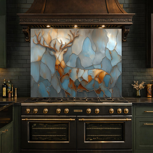 Abstract Deer Tempered Glass Kitchen Backsplash Panel – Gold Blue Marble Animal Art