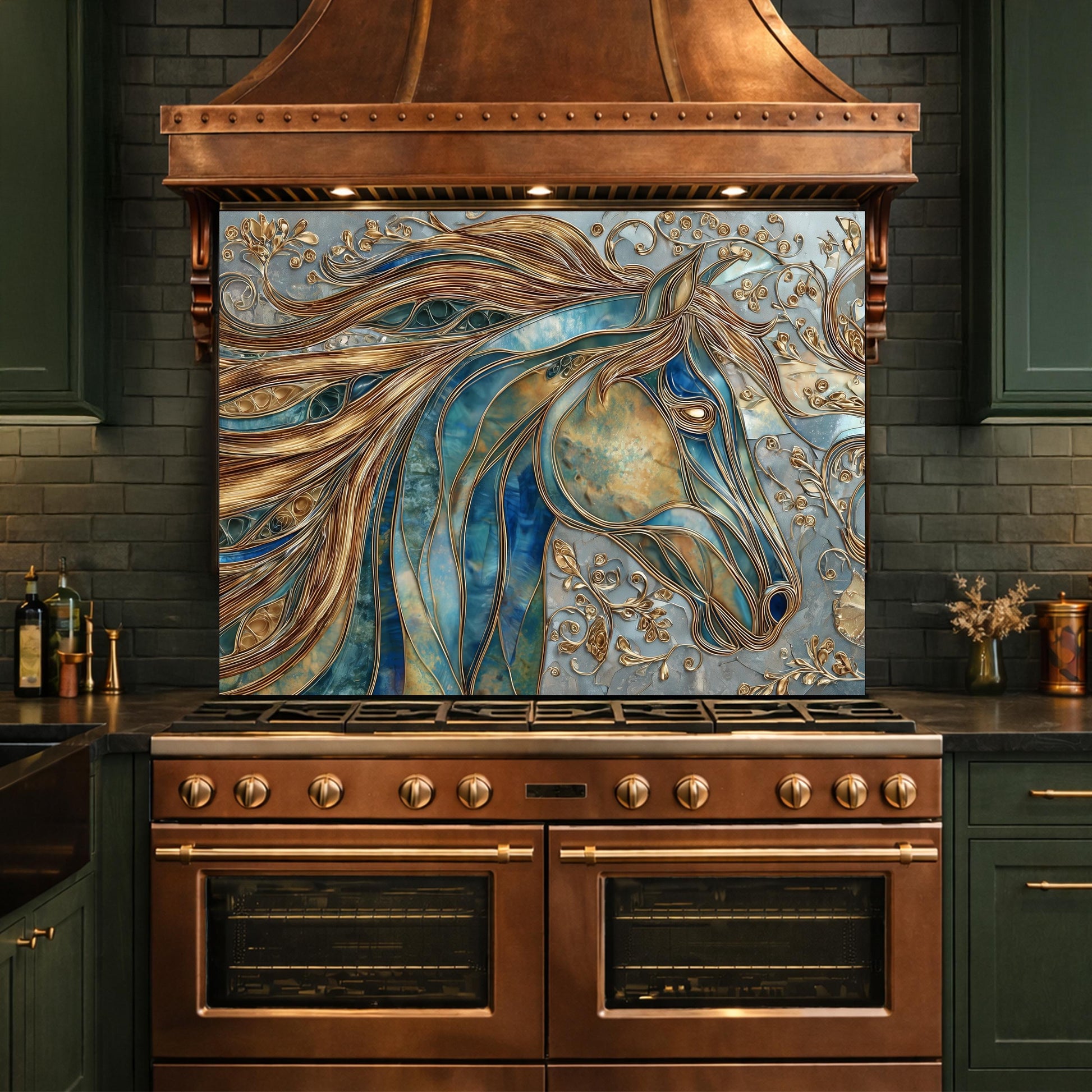 Abstract Horse Head Tempered Glass Kitchen Backsplash Panel – Gold Blue Animal Wall Art