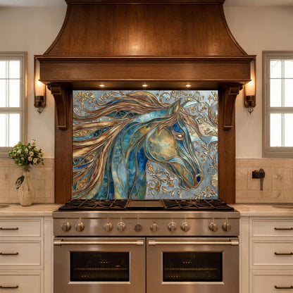 Abstract Horse Head Tempered Glass Kitchen Backsplash Panel – Gold Blue Animal Wall Art