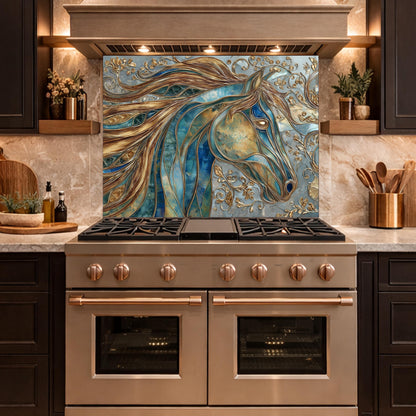 Abstract Horse Head Tempered Glass Kitchen Backsplash Panel – Gold Blue Animal Wall Art