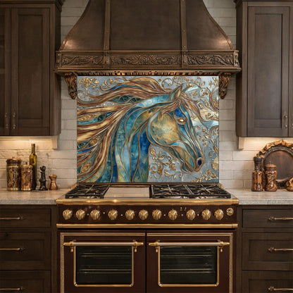 Abstract Horse Head Tempered Glass Kitchen Backsplash Panel – Gold Blue Animal Wall Art