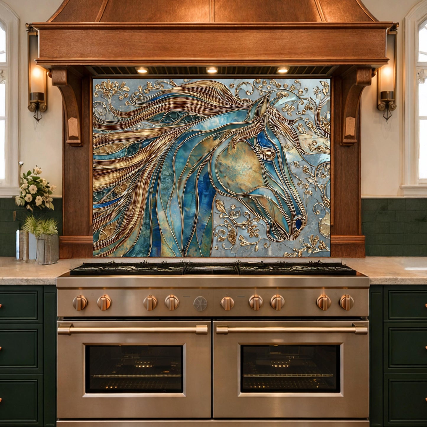 Abstract Horse Head Tempered Glass Kitchen Backsplash Panel – Gold Blue Animal Wall Art