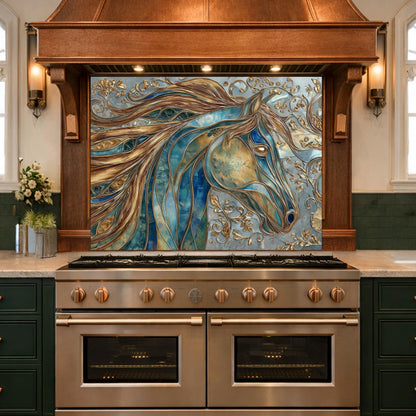 Abstract Horse Head Tempered Glass Kitchen Backsplash Panel – Gold Blue Animal Wall Art
