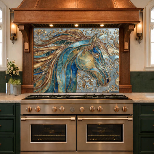 Abstract Horse Head Tempered Glass Kitchen Backsplash Panel – Gold Blue Animal Wall Art