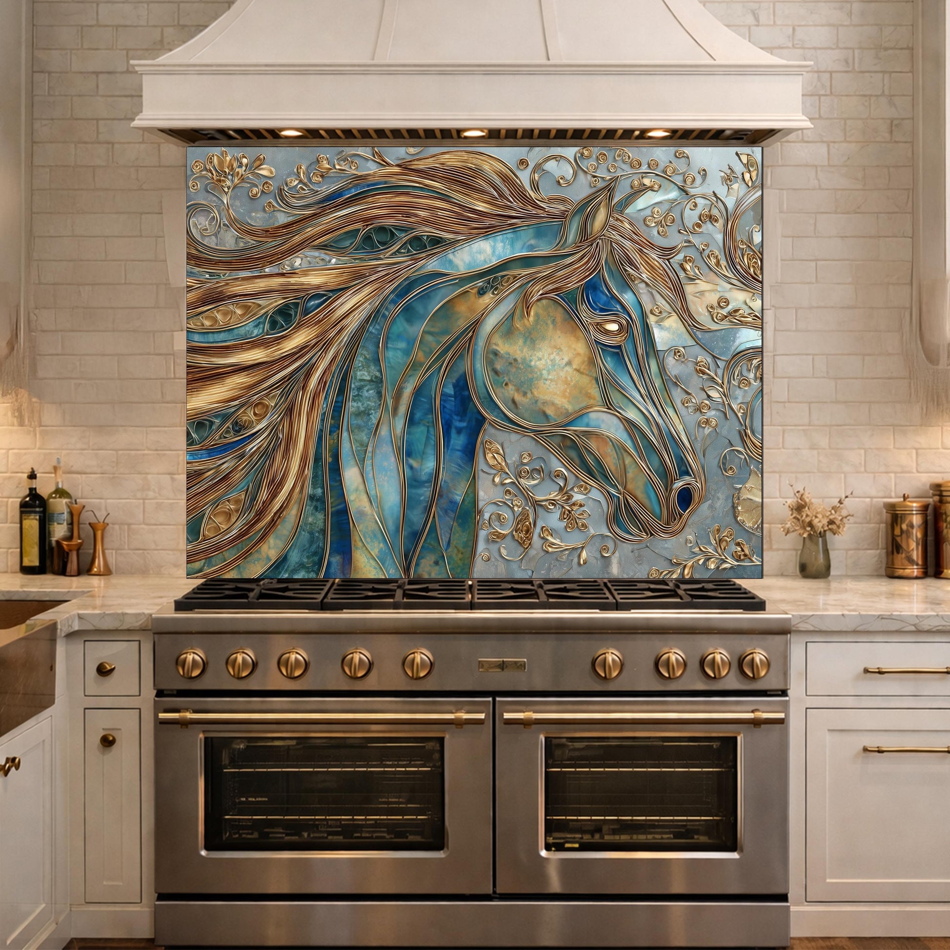 Abstract Horse Head Tempered Glass Kitchen Backsplash Panel – Gold Blue Animal Wall Art