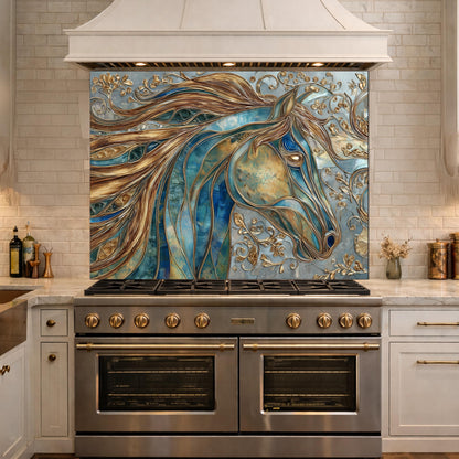 Abstract Horse Head Tempered Glass Kitchen Backsplash Panel – Gold Blue Animal Wall Art