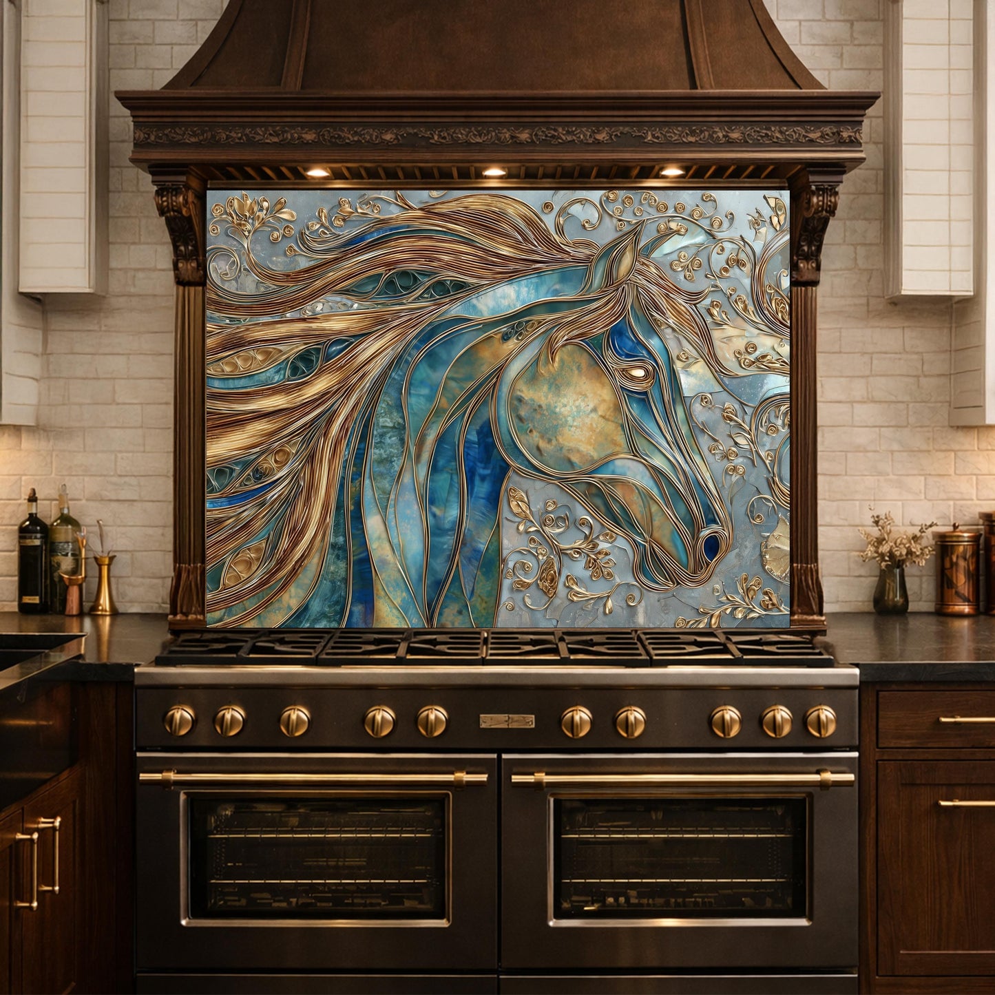 Abstract Horse Head Tempered Glass Kitchen Backsplash Panel – Gold Blue Animal Wall Art