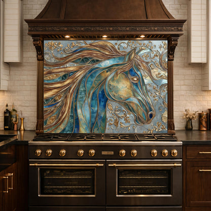 Abstract Horse Head Tempered Glass Kitchen Backsplash Panel – Gold Blue Animal Wall Art