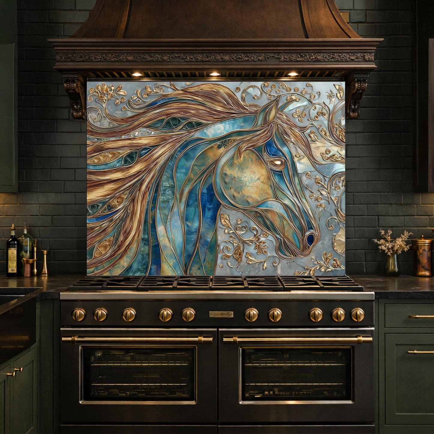 Abstract Horse Head Tempered Glass Kitchen Backsplash Panel – Gold Blue Animal Wall Art